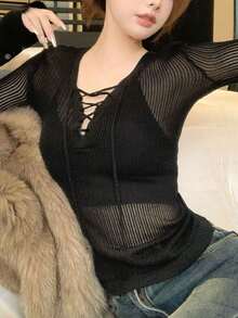 Sexy V-Neck Sheer Knit Long Sleeve Base Layer Top For Women, Tight Fit, Spring/Summer - Black - View 6