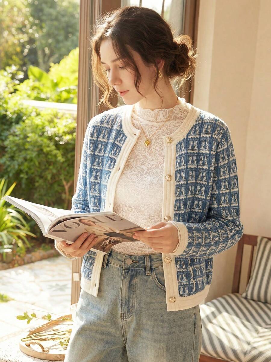 Knit Mix Women's Knitted Geometric Pattern Commuter Shirt, Suitable For Autumn/Winter, Round Neck Long Sleeve With Pocket, Regular Loose Fit, Comfortable, Back To School Season - Blue and White - View 1