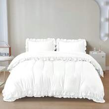 3-Piece Ruffle Frilled Duvet Cover Set – Comfortable Bedding Set With Pillowcases, Secure Button Closure, Elegant Layered Ruffle Design Quilt Cover For Bedroom And Guest Room - Beige - View 6