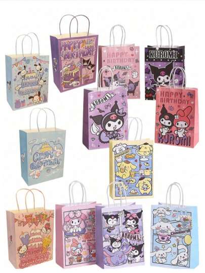 Sanrio 1/30 Pieces Hello Kitty Party Gift Bag, Made Of Black Wood Millie Melody Cartoon Pattern Kraft Paper Bag, Suitable As A Storage Bag For Birthday Gifts.