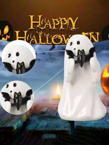 Halloween Ghost Figurine With Pink Pumpkin & Black Bat - Cute Resin Statue For Shelf, Desk, Porch, Home & Garden Decor - màu đen - Xem 6