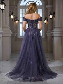 Đầm đuôi cá thanh lịch với ren thêu đính cườm và kim sa, thích hợp cho đám cưới, họp mặt, tiệc trang trọng mùa xuân. - Màu tím - Xem 5