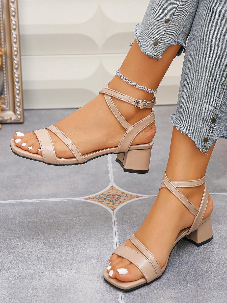 New Elegant Women's Sandals With Square Toe, Chunky Heels, Summer Shoes, Buckle Strap, Open Toe & Heel, Suitable For Dresses, Thick Heel