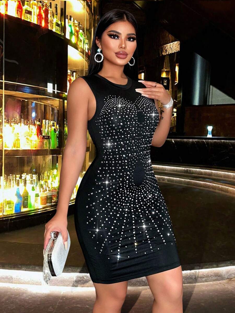 CHOSMO Women's Round Neck Sequin & Rhinestone Sleeveless Midi Bodycon Cocktail Dress, Glitter Dress, Party Dress, Birthday Dress, Date Dress, Wedding Guest Dress, For Valentine's Day