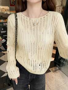 可爱镂空休闲长袖圆领毛衣，韩版风格，春夏款