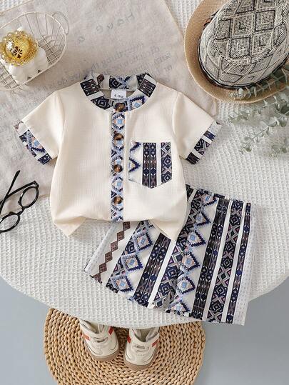 New Style Baby Boy Round Neck Cardigan, Retro Print Short Sleeve Top Paired With Casual Shorts, Suitable For Party, Travel, Daily Wear