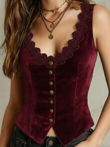 Women's V-Neck Velvet Tank Top, Lace Trim And Button Design Velvet Tank Top Casual Summer - Deep Wine Red - View 9