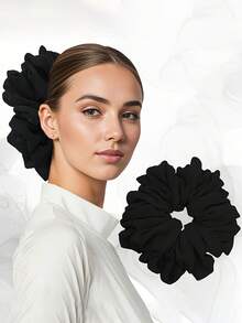 1pc Women's Extra Large Pure Silk Solid Black Scrunchie Hair Accessory, Fashionable, Versatile, Elegant, Minimalist Style Hair Tie, Suitable For Daily Wear, Casual, Party, Commute, Vacation, Ponytail, Bun, Face Washing, Makeup, Outfit Matching - Black - View 1