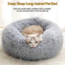 Washable Donut-Shaped Cat & Dog Bed, Soft Plush Pet Mat With Waterproof Bottom, Fluffy Dog & Cat Calming Self-Warming Bed, Improves Sleep, Grey - Grey - View 9