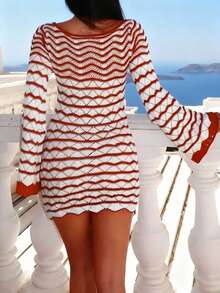 Women's Minimalist Chic Vacation Casual Fitted Bold Avant-Garde Sexy Pullover Hoodie, Spring/Summer - Brick Red and White - View 6