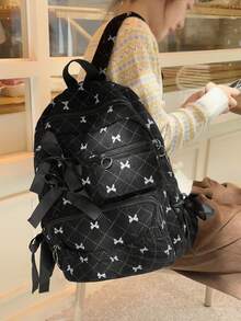 1个粉色蝴蝶结图案灯芯绒大容量缎带装饰背包，韩版可爱风格，适合女性日常通勤和上学使用 - 彩色 - 查看 7