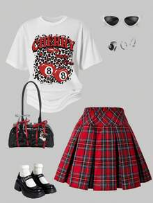 Girls Cartoon Print Knit T-Shirt And Pleated Plaid Skirt Set - Red - View 1