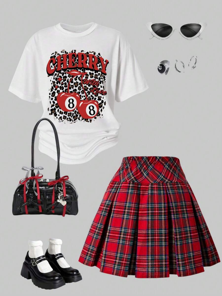 Girls Cartoon Print Knit T-Shirt And Pleated Plaid Skirt Set - Red - View 1