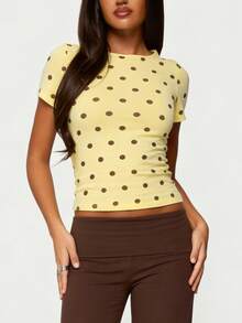 Women's Polka Dot Short Sleeve Crop Top Fitted Casual T-Shirt For Daily Wear  Weekend Outings - Màu vàng - Xem 2