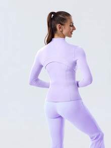 Women Slim Fit Sports BBL Jacket With Thumb Hole Stand Collar Zip Up - Lilac Ether/Gold - 查看 5