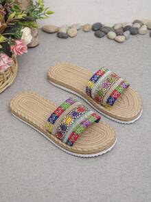 Summer Fashion One-Strap Slippers, Lightweight EVA Sole Beach Sandals, New Colorful Woven Flat Sandals For Women, Size 35-45 - Colorful - Gold Thread Weaving - View 6