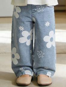 Girls' Button Fly Wide Leg Jeans, Elastic Waist, Casual All-Match Style, All-Over Print - Blue - View 3