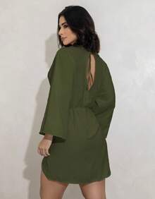 Women's Loose-Fitting Duna Dress With Long Flare Sleeves And V-Neck - 軍綠色 - 查看 3