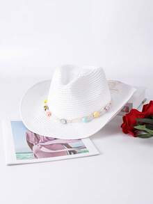 1pc Solid Color Bohemian Casual Straw Gem Cowboy Hat, Beach Vacation Sun Protection Straw Hat, Unisex Versatile For Commuting, All Seasons - C - View 22