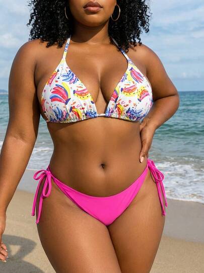 Sultry Sol Plus Size Bohemian Style Spaghetti Strap Thong Bikini Set, High Elasticity Fabric