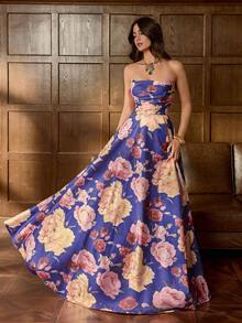 Faeriesty 优雅无肩带晚礼服，露背系带设计，高腰A字裙摆，高开衩，通体大花卉印花，适合婚礼宾客、正式写真、红毯活动、浪漫婚纱照、誓言重温仪式、春假派对等场合。 - 紫色 - 查看 7