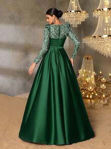 Faeriesty Women's Elegant Evening Gown, Round Neck, Long Sleeve Sequin, High Slit Design, Fitted Silhouette, Suitable For Formal Occasions Such As Galas, Wedding Guests, Formal Dinners, Red Carpet Events, Celebrations And Parties. - Dark Green - View 2