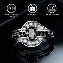 S925纯银圆形立方氧化锆镶嵌时尚戒指，女士款 - 銀色 - 查看 5