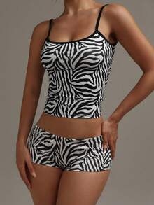 XLLAIS 女士性感斑马纹修身吊带背心短裤套装，2026 Y2K 时尚度假装春季款 - 斑馬紋 - 查看 2