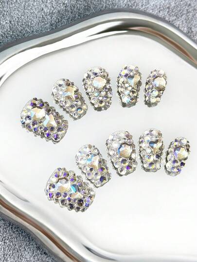 Y2K Coffin Nails Handmade Press-On Nails With Transparent Tips,Multicolor Rhinestones & Sparkling Full-Coverage 3D Designs - Full Cover DIY Glitter Artificial Nails, False Nails For Parties, Outdoor, Beach, Daily, Holidays, Gatherings, Work & Special Events - 10 Pieces/Bag