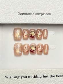 10pcs Handmade Nails Square Nails Acrylic Press On Nails Short, Minimalism Pink Nails, Flashy Gold Cateye, Fireworks Snow Pattern, 3D Bow Inlaid, Simple Elegant Luxury Handcrafted Nails Autumn Nails, Fall Press On Nails, Cute Aesthetic, Versatile Nails DIY False Nail Art Party Daily & Dating Use Beach Tropical Getaway Suitable Reusable, For Women & Girls As Gift Nail Supplies - Pink - View 2