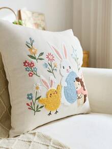 1pc Easter Bunny & Eggs Embroidered Decorative Pillow Cover, Spring Floral Cushion Cover, Suitable For Indoor Decor, Spring/Summer Decorative Pillow Case, Pillow Insert Not Included - Multicolor - View 6