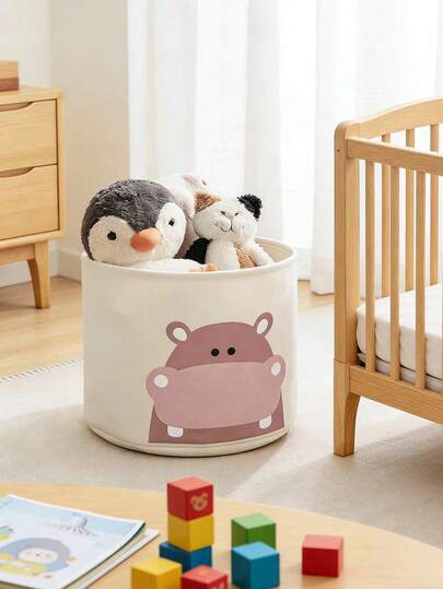 1pc Baby Room Canvas Foldable Clothing Storage Basket With Handle - Cow Pattern Storage Bucket - Cute And Compact, Suitable For Family Children's Baby Room Organization And Storage (Pattern Orientation Random)