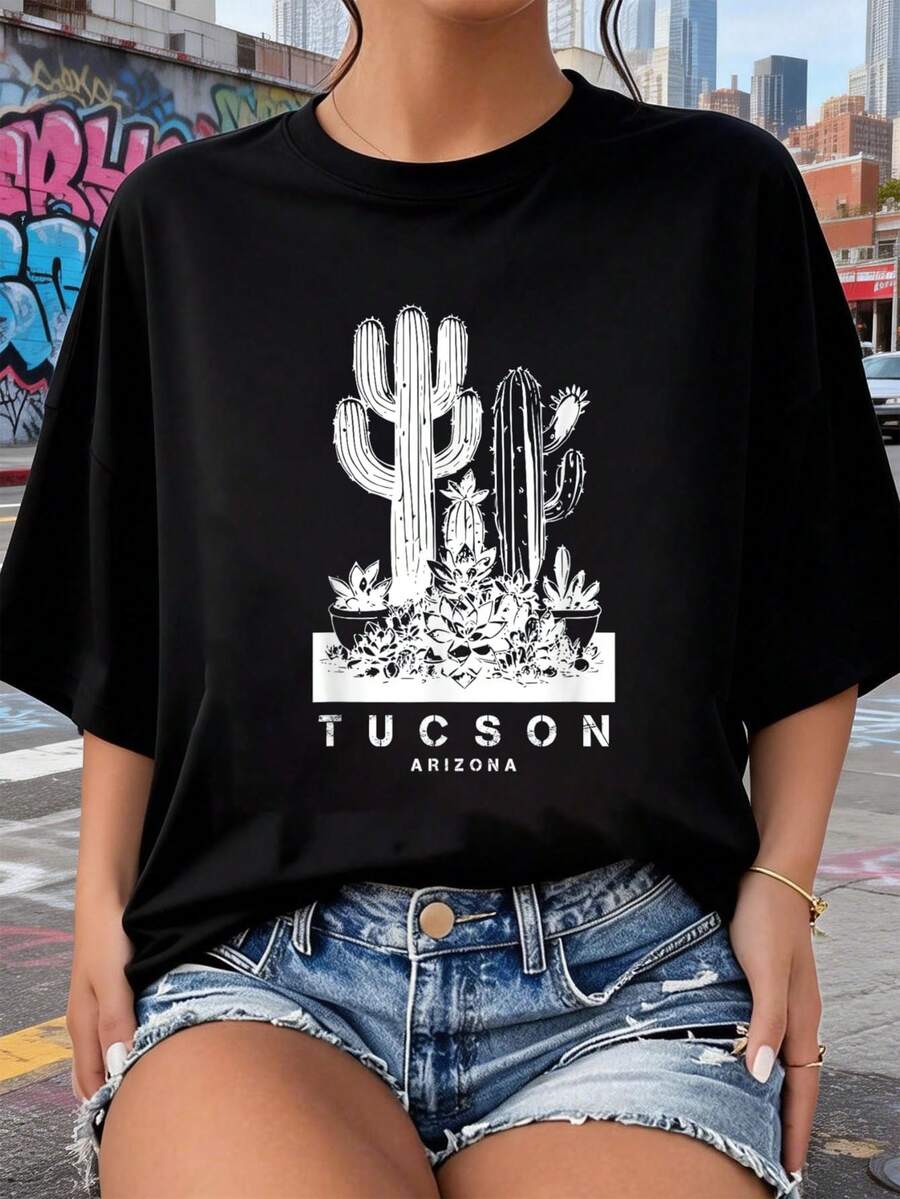 Camiseta de cactus suculento de Tucson Arizona 2026 nuevas camisetas impresas para mujeres, estilos populares, camisetas de primavera para mujeres, camisetas de invierno, camisetas de para mujeresás vendidas - Negro - Ver 1