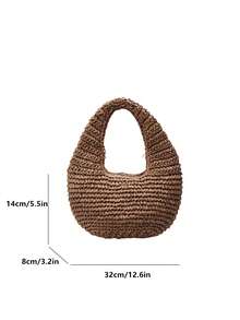 1pc New Vacation Bag, Holiday Straw Bag, Solid Color Crescent Moon Shaped Shoulder Bag, Summer Beach Bag, Woven Underarm Bag, Crescent Bag, Handbag, Valentine's Day Gift, Beach Bag, Women Bag - Khaki - View 12