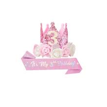 一套婴儿生日派对用品，闪光面料和缎面材质，适合2/3/4/5岁宝宝生日，包括皇冠头饰、花冠头饰、印有“It's My Birthday”字样的缎带腰带、5英寸发箍，公主风派对用品，庆典服装配饰 - 彩色 - 查看 11