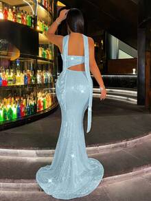 CHOSMO 优雅亮片露背女士礼服，浪漫派对礼服，简约晚礼服，适合婚礼、生日、周年纪念、毕业典礼、音乐会、鸡尾酒会、舞会、春季假期等场合。 - 淺藍色 - 查看 2