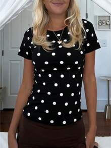 Polka Dot Tops For Women Y2K Short Sleeve Crop Top Vintage Cute Slim Fit Crew Neck Shirt Going Out Streetwear - 黑色 - 查看 1