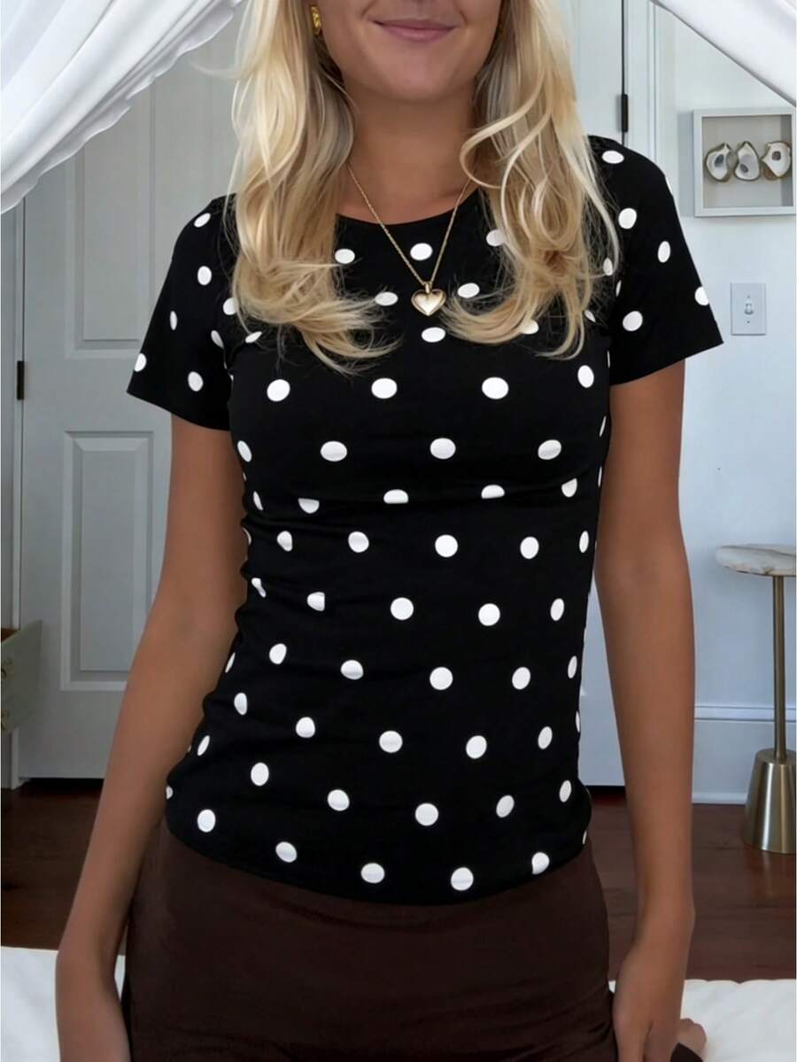 Polka Dot Tops For Women Y2K Short Sleeve Crop Top Vintage Cute Slim Fit Crew Neck Shirt Going Out Streetwear - 黑色 - 查看 1
