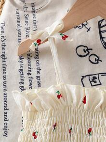 Bộ 2 áo hai dây in họa tiết quả anh đào trắng và quần dài cùng tông cho bé gái, mùa hè - Màu be - Xem 3