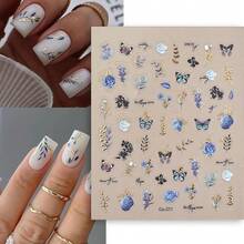 5D Embossed Nail Art Stickers Decals Se--Adhesive Blue Rose Nail Stickers For Spring Nail Art With Butterfly Little Leaf Design Acrylic Nail Supplies For Women Manicure Decorations - 風格9 - 查看 2