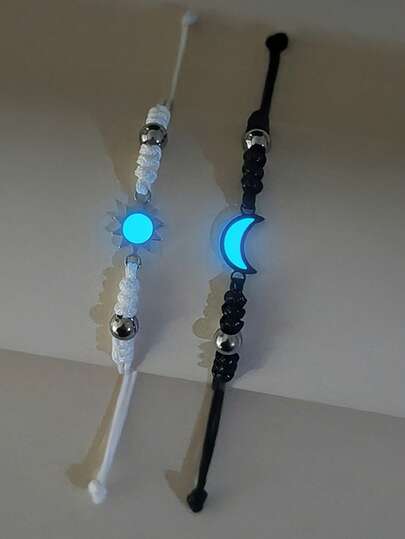 ATLVXJL 2条/套 夜光情侣/友谊手链套装，黑白绳珠，适合日常佩戴和节日礼物