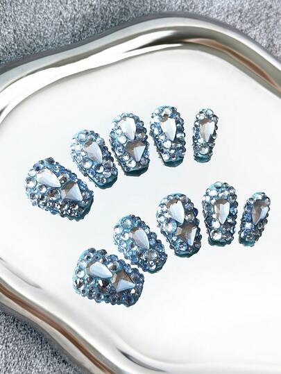 Y2K Coffin Nails Handmade Press-On Nails With Transparent Tips,Baby Blue Rhinestones & Sparkling Full-Coverage 3D Designs - Full Cover DIY Glitter Artificial Nails, False Nails For Parties, Outdoor, Beach, Daily, Holidays, Gatherings, Work & Special Events - 10 Pieces/Bag