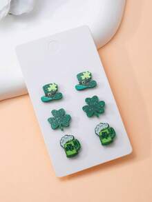 Bộ 3 món trang sức bằng acrylic hình mũ, cỏ ba lá và cốc bia lấp lánh mừng ngày Thánh Patrick dành cho bé gái, phụ kiện/món quà hoàn hảo cho dịp lễ hội. - màu xanh lá - Xem 3