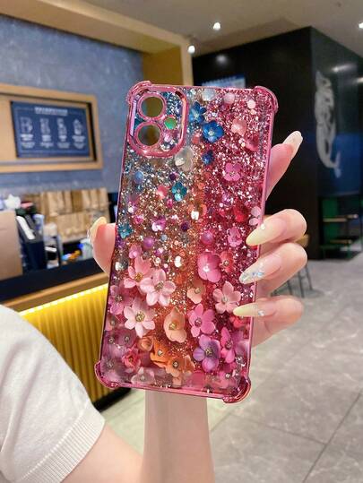 1 pieza Funda protectora de teléfono con electrochapado, anti-arañazos y con diseño floral brillante, impresa con UV compatible con Samsung Galaxy y modelos Android