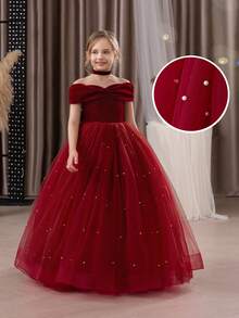Tween Girl Christmas Dress Spaghetti Strap Bow Tulle Elegant Flower Girl Party Dress Princess Gown, Suitable For Girls Wedding, Party, Birthday, Communion, Special Occasions - Burgundy - View 10