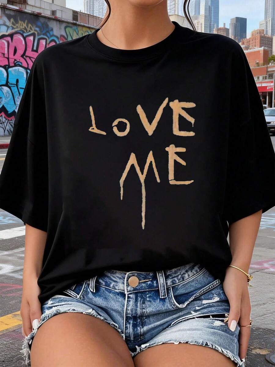 Camiseta Love Me - Pintura Goteante - Camiseta Unwell        2026 nuevas camisetas impresas para mujeres, estilos populares, camisetas de primavera para mujeres, camisetas de invierno, camisetas de para mujeresás vendidas - Negro - Ver 1