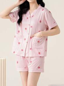 【AICJ睡衣】女士休闲纯色睡衣套装（2件套），V领开衫和短裤，可爱草莓印花，适合春、夏、秋季穿着 - 粉色 - 查看 3