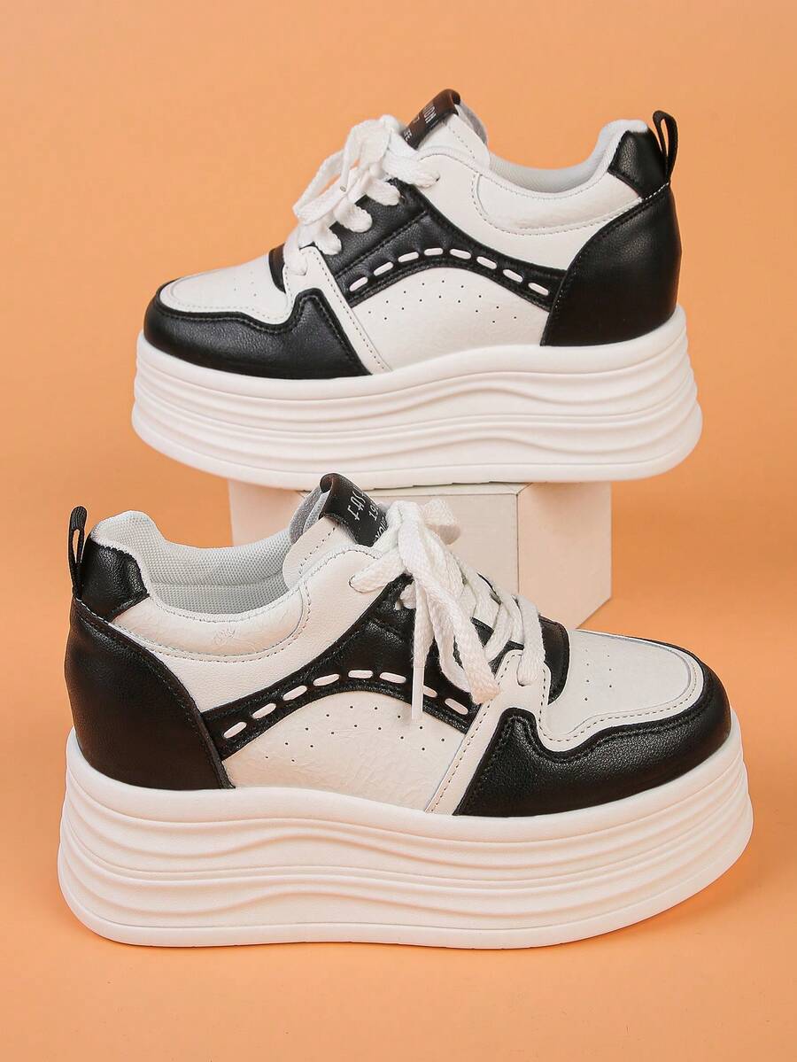 女士厚底运动鞋，纯色休闲户外系带厚底时尚百搭休闲鞋，增高鞋 - 黑與白 - 查看 1