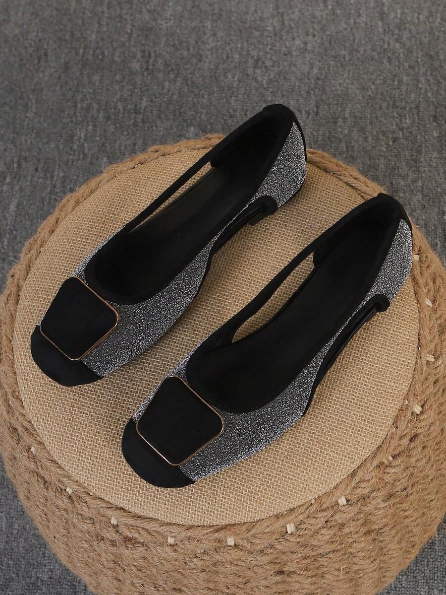 Zapatos de ballet para mujer, zapatos planos con puntera cuadrada y suela blanda, zapatos planos versátiles, mocasines planos negros con cuentas, talla grande, tallas del 35 al 43 - Diseño de cielo estrellado negro hueco (cierre trapezoidal) - Ver 1