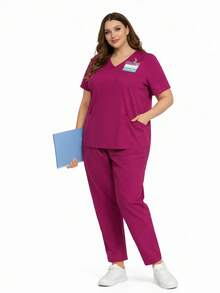 cimmuovere V-Neck Crossover Dual Pocket Short Sleeve Nurse Uniform Pants With Elastic Waist, Casual Commuting Outfit